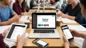Group of students around a table using a laptop, tablet, and smartphones to view the Sakai course site
