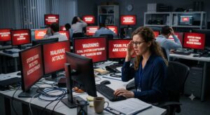 Overwhelmed woman at a busy security operations desk with many monitors displaying red warning messages like malware attack warnings.