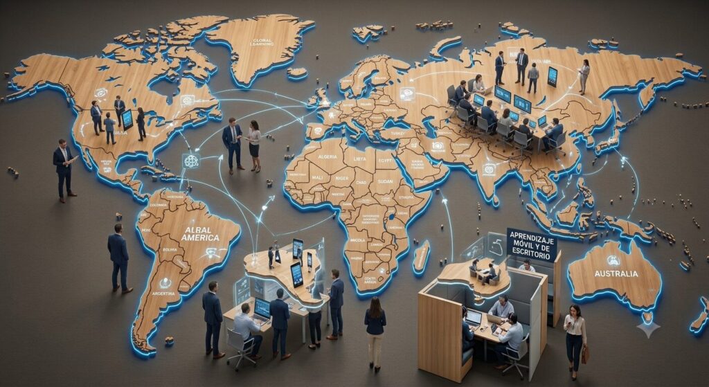 A stylized world map with wooden continents and glowing blue borders, showing people at desks and meetings around the globe to convey global collaboration.