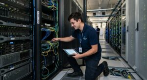Tech kneeling in a data center, plugging in network cables to a server rack while holding a tablet.