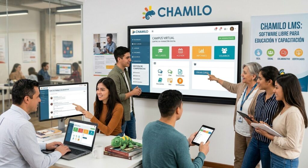 Team of diverse coworkers in a modern training room presenting a Chamilo LMS dashboard on a wall screen.