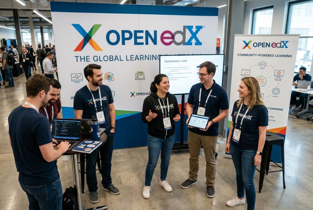 Open edX booth at a conference with five staff members chatting, banner behind them, and a presentation screen nearby.