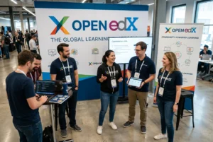 Open edX booth at a conference with five staff members chatting, banner behind them, and a presentation screen nearby.
