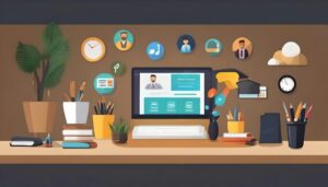 Creative workspace with a computer monitor on a cluttered desk, plants, pencils, and circular app icons on the wall behind.