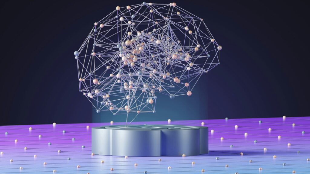 Abstract neural network sculpture: a wireframe sphere of interconnected nodes above a metallic pedestal on a purple-rose grid floor.