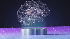 Abstract neural network sculpture: a wireframe sphere of interconnected nodes above a metallic pedestal on a purple-rose grid floor.