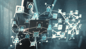 Hooded figure among a digital network of user icons and padlocks, symbolizing cybersecurity and data privacy.