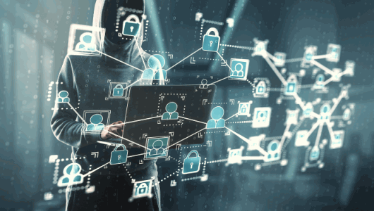 Hooded figure among a digital network of user icons and padlocks, symbolizing cybersecurity and data privacy.